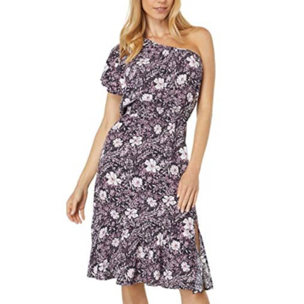 Bobi Black Floral Printed Crepe One Shoulder Ruffle Dress NWT Size Small
